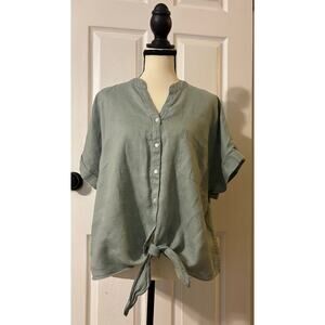 Charter Club Linen Cotton Button Down Sage Green Womens PXL Tie Waist
